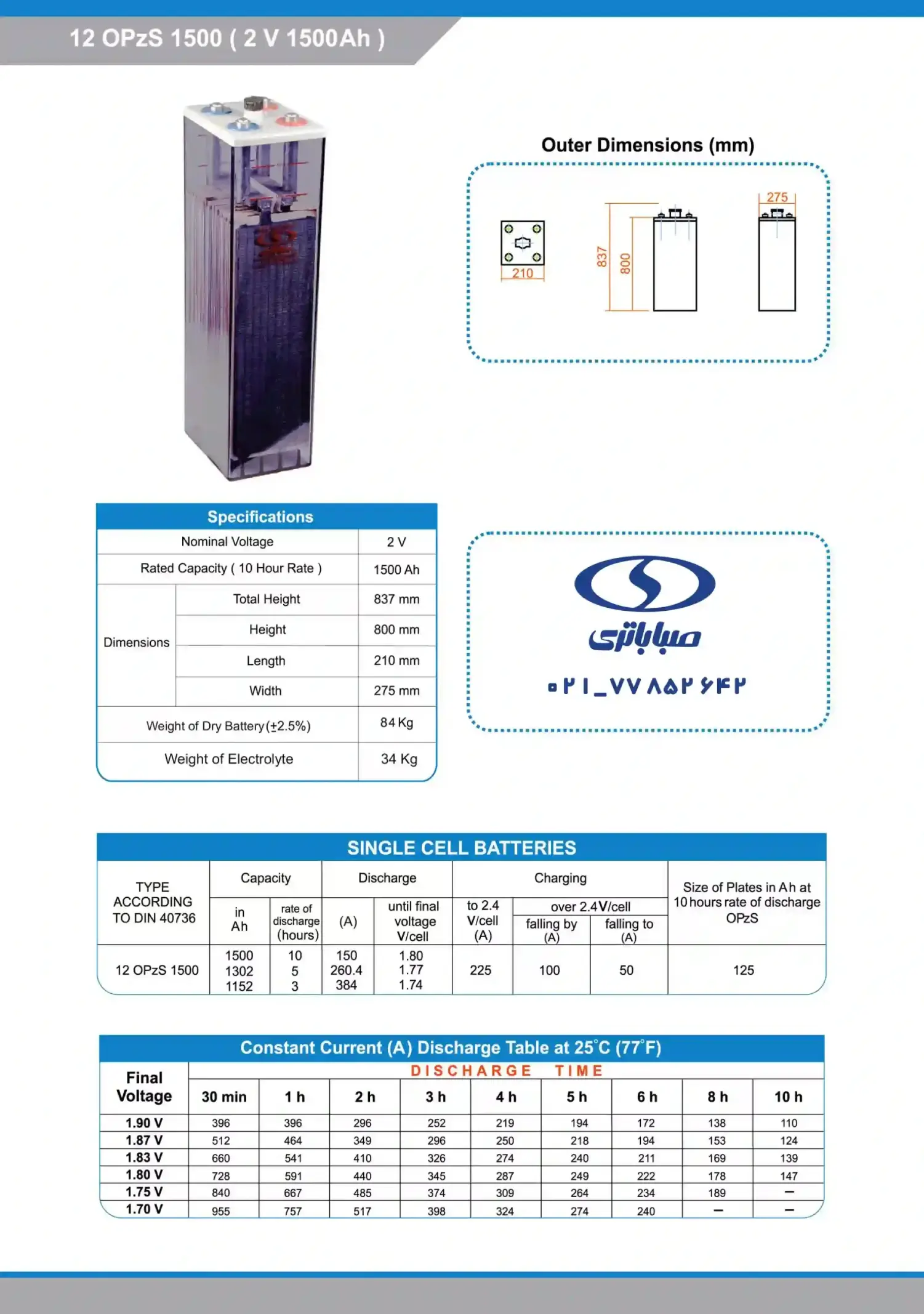 کاتالوگ باتری صبا opzs1500 آمپر