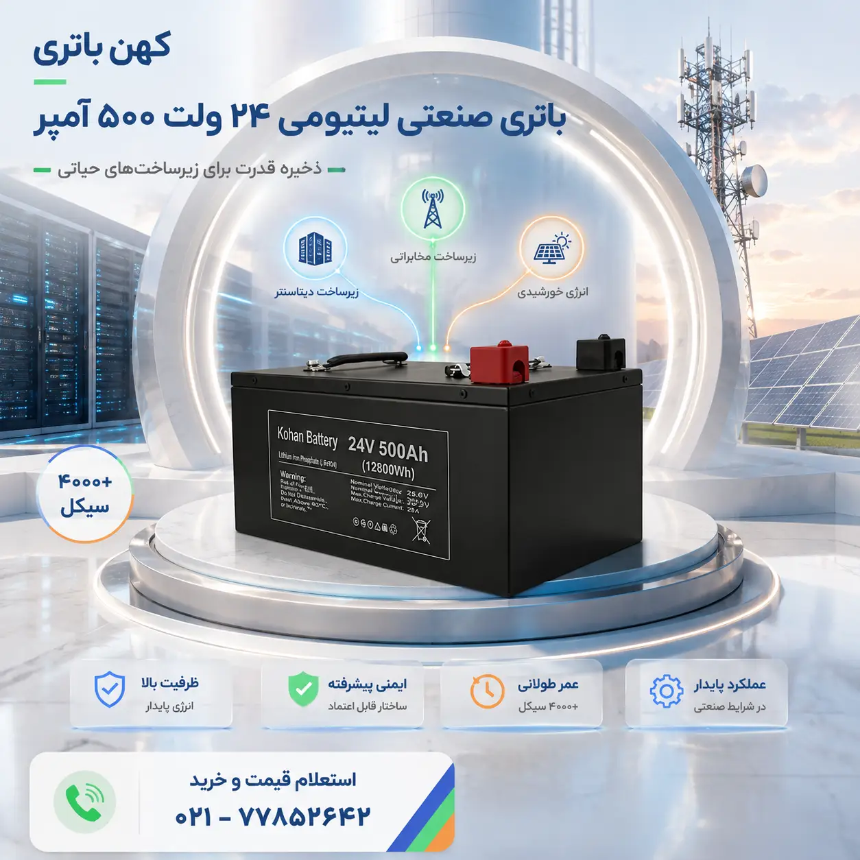 باتری صنعتی لیتیومی ۲۴ ولت ۵۰۰ آمپر ساعت LiFePO4 کهن باتری با طراحی مقاوم برای تأمین انرژی مطمئن در کاربردهای صنعتی