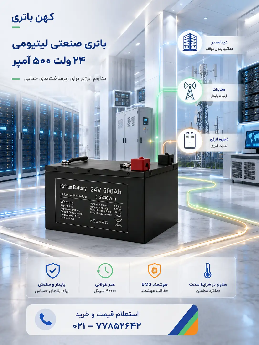 باتری صنعتی ۲۴ ولت ۵۰۰ آمپر ساعت LiFePO4 کهن باتری در یک محیط حرفهای برای تأمین انرژی پایدار تجهیزات و زیرساختهای صنعتی