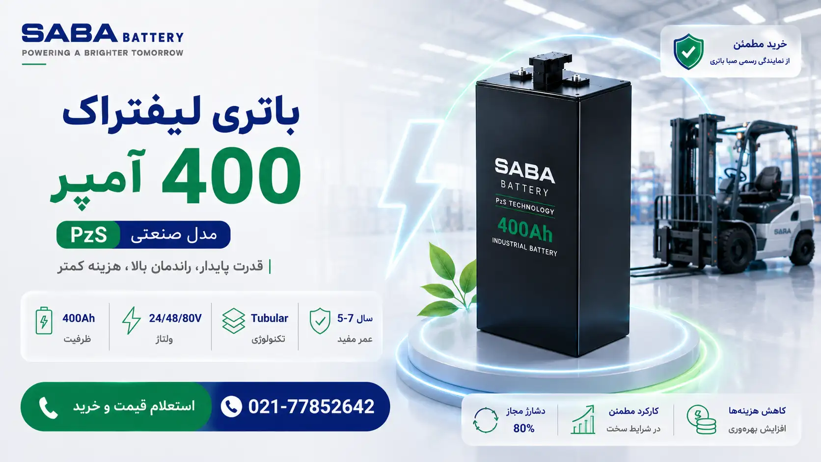 بنر افقی مدرن باتری لیفتراک ۴۰۰ آمپر صبا با فناوری PzS، نمایش باتری صنعتی در محیط انبار و مشخصات اصلی محصول