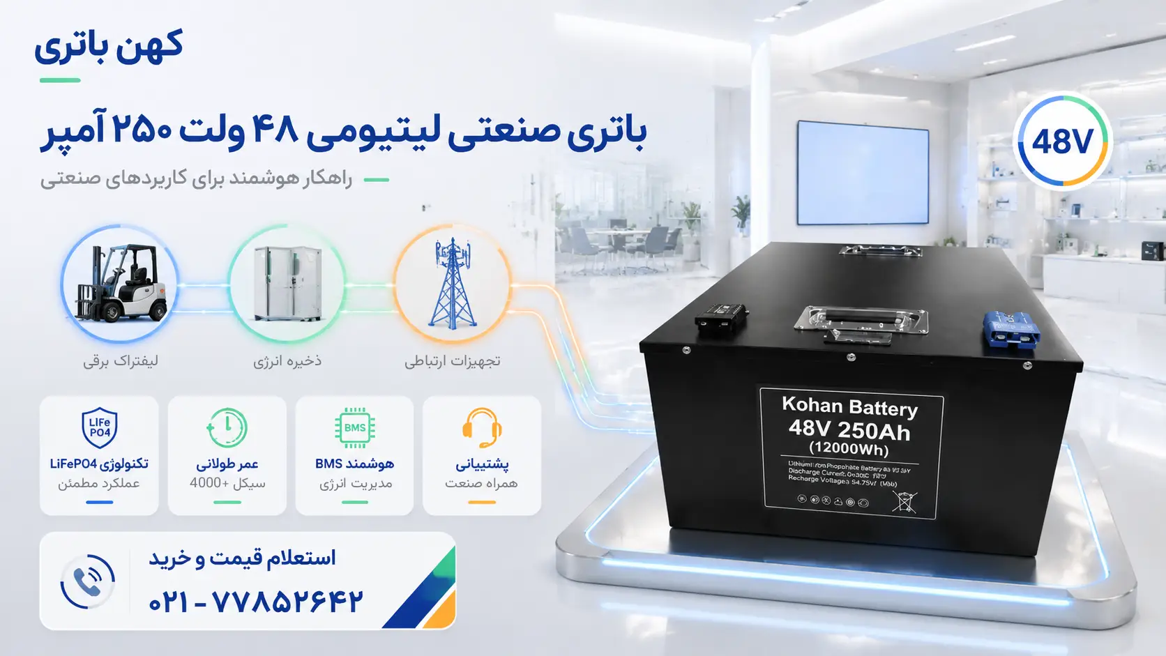 باتری صنعتی لیتیومی کهن باتری ۴۸ ولت ۲۵۰ آمپر با فناوری LiFePO4 برای کاربردهای متنوع صنعتی، مشاوره تخصصی و راهکار انرژی مطمئن
