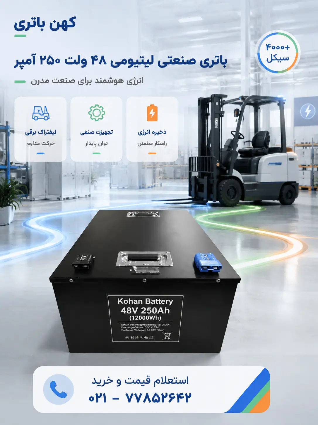 باتری لیتیومی صنعتی کهن باتری ۴۸ ولت ۲۵۰ آمپر برای لیفتراک برقی، تجهیزات صنعتی و تأمین انرژی پایدار در محیطهای کاری