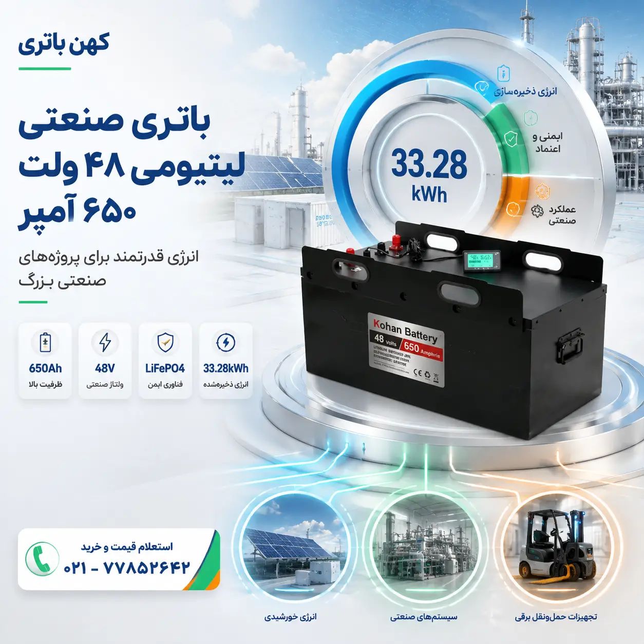 باتری صنعتی لیتیومی کهن باتری ۴۸ ولت ۶۵۰ آمپر ساعت با فناوری LiFePO4 برای ذخیره انرژی قدرتمند و کاربردهای صنعتی
