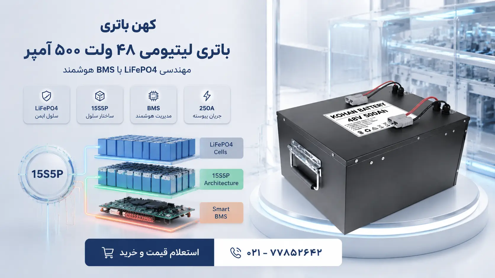 نمایش فناوری داخلی باتری لیتیومی ۴۸ ولت ۵۰۰ آمپر کهن باتری با سلولهای LiFePO4 و سیستم BMS هوشمند