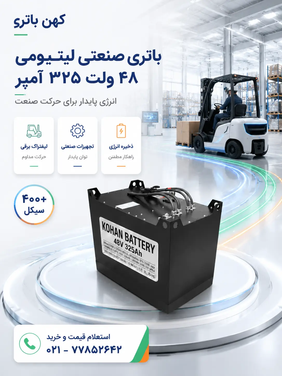 باتری لیتیومی صنعتی کهن باتری ۴۸ ولت ۳۲۵ آمپر در کاربردهای صنعتی مانند لیفتراک برقی، تجهیزات حملونقل و انبارداری هوشمند