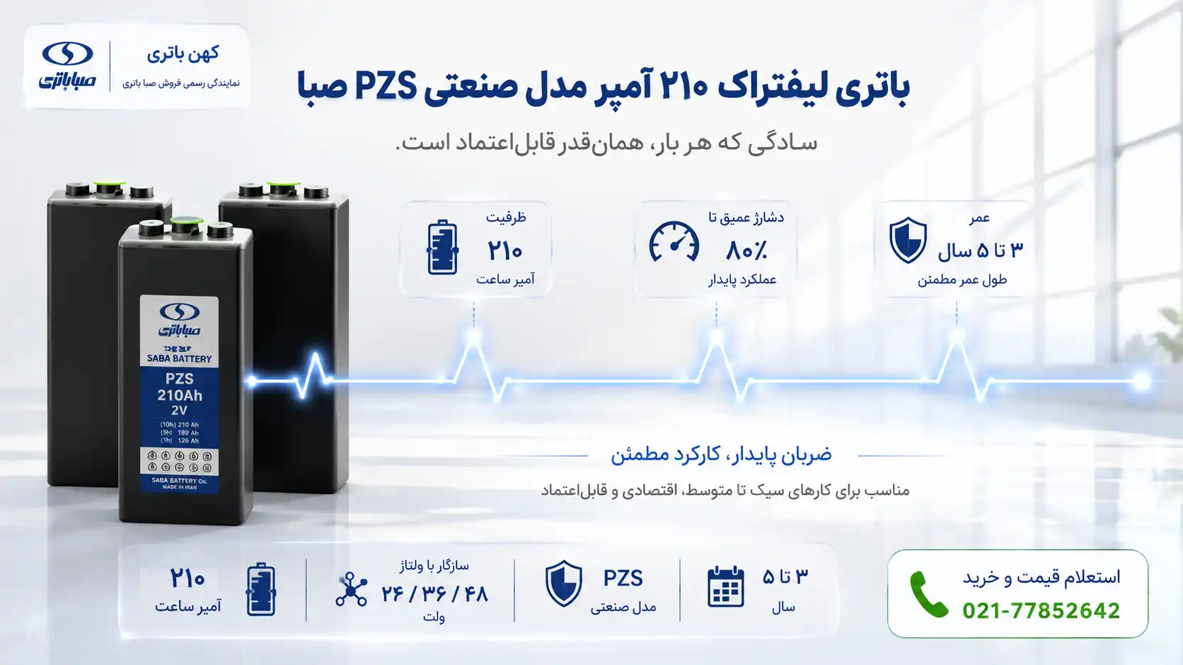 باتری لیفتراک صنعتی صبا ۲۱۰ آمپرساعت PZS با نمایش خط عملکرد پایدار، دشارژ عمیق تا ۸۰ درصد و عمر ۳ تا ۵ سال