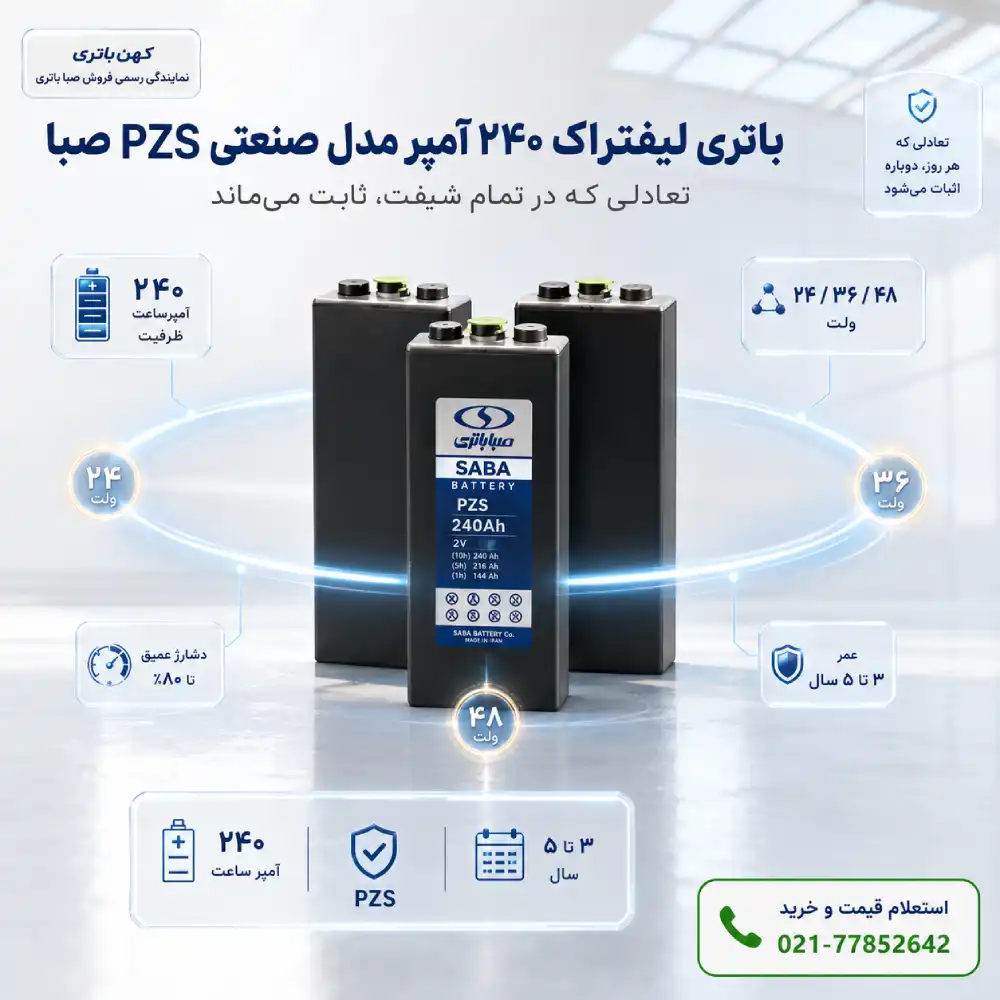 باتری لیفتراک صنعتی صبا ۲۴۰ آمپرساعت PZS با نمایش مدار تعادل و قابلیت استفاده در ولتاژهای ۲۴، ۳۶ و ۴۸ ولت